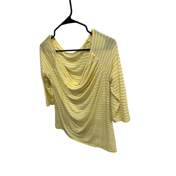 Calvin Klein Jeans Yellow White Striped Drape Neck 3/4 Sleeve Top Sz S - Picture 3 of 8